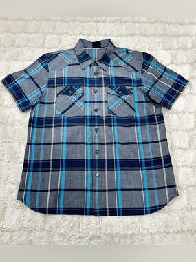Oakley Plaid Short Sleeve Button-Up Shirt Blue Gray 100% Cotton Men’s Size L